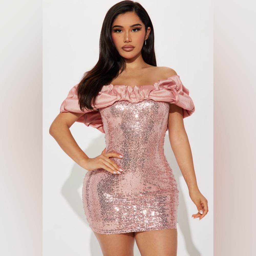 Fashion Nova Pink Sequin Off-Shoulder Dress Lydia Sequin Mini Dress - Rose Gold